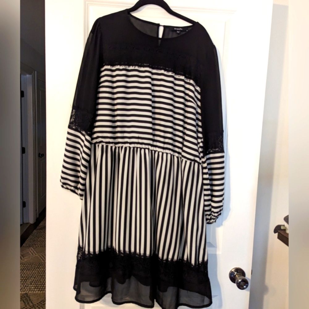 Simply Be Dress- Black and white stripe, pretty lace and see-through elements